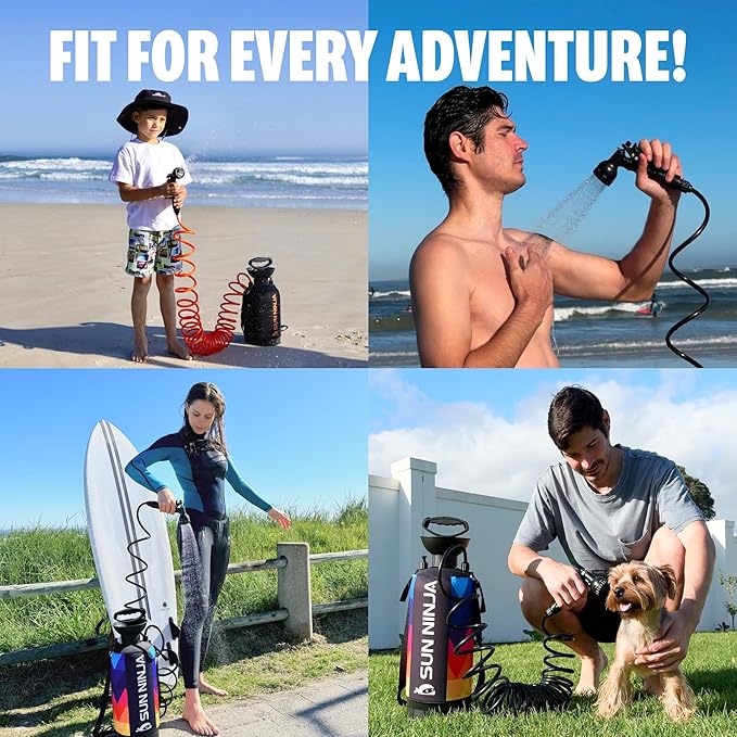 SUN NINJA Portable Shower, Outdoor Portable Camping Shower with Neoprene Cover, Portable Beach Shower Surf Rinse Kit, High Pressure Multi-Purpose Sprayer for Outdoor Essentials, Dog Walking & Hiking