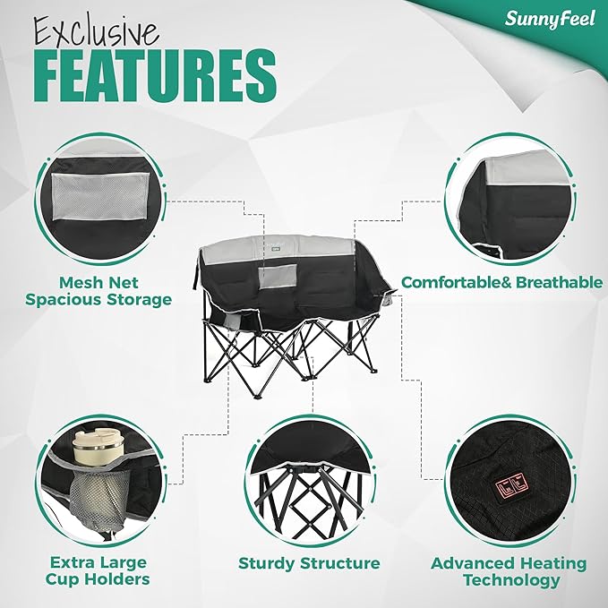 SUNNYFEEL Heated Double Camping Chair, Oversized Folding Loveseat Chair, Heavy Duty Portable/Foldable Lawn Chair for Beach/Outdoor/Travel/Picnic, Fold Up Camp Chairs for Adults 2 People
