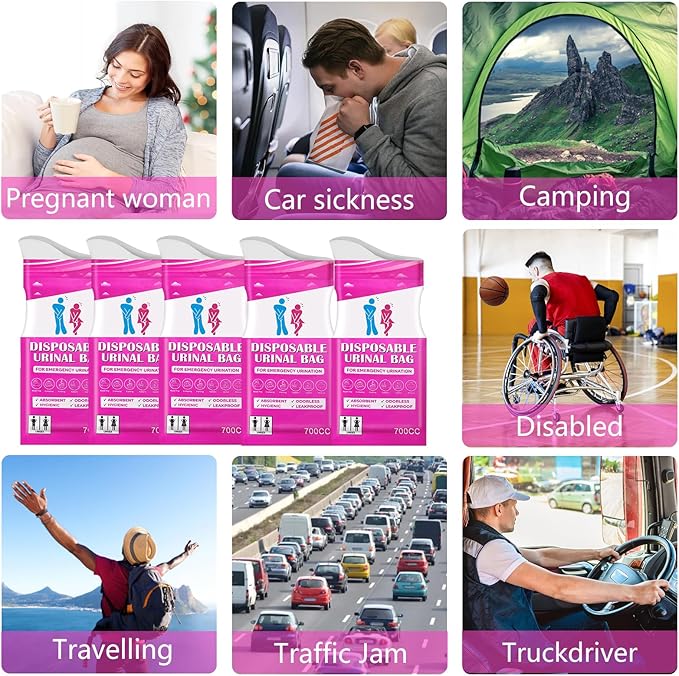 Disposable Urinal Bag, Portable Urine Bag, Portable toilet for adults, Unisex Urinal Bag for Men Women Children, Emergency pee/wee bags, vomit bags for Car, Traffic Jams, Camping, Travel (Fuchsia, 12)