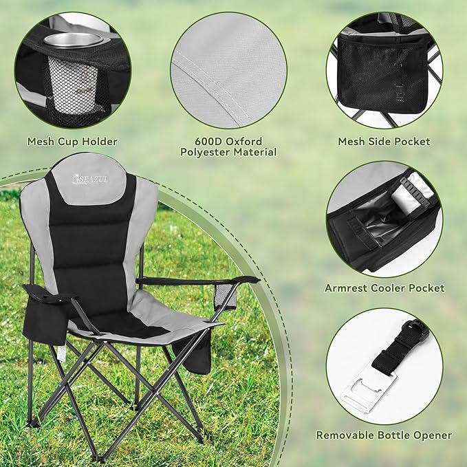 Camping Chairs for Adults, Camping Chairs 2 Pack, Folding Chairs for Outside, Support 380 LBS, Portable Travel Outdoor Camp Chair with Cup Holder & Cooler Bag, Sports Chairs for Baseball, Park