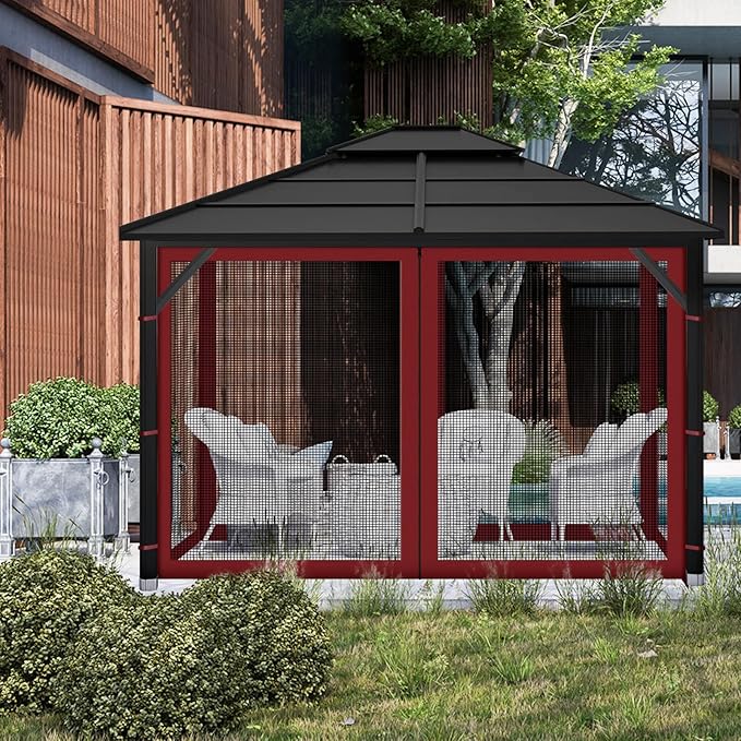 Gazebo Replacement Mosquito Netting Outdoor Universal Gazebo Canopy 4-Panels Screen Sidewalls with Zipper for Patio Garden (Red, 10x12)
