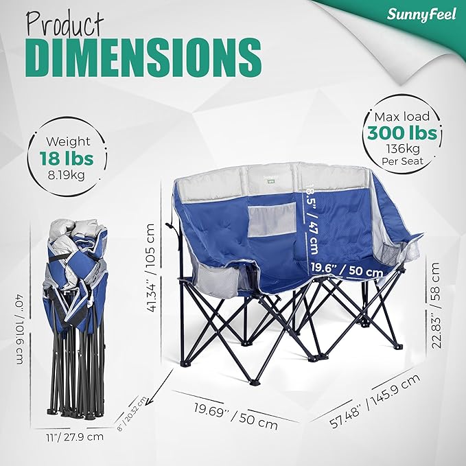 SunnyFeel Double Camping Loveseat Chair, Blue-Cooler, Foldable, Portable, Space Saving, Side Pocket, Cup Holders