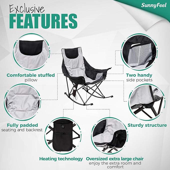 SUNNYFEEL Oversized Heated Camping Chair, Folding Rocking Camping Chairs with Luxury Padded Recliner,Carry Bag, 300 LBS Heavy Duty for Lawn/Outdoor/Picnic/Patio, Portable Rocker Camp Chair