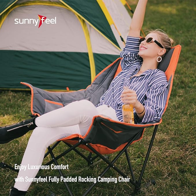 SUNNYFEEL Oversized Rocking Camping Chair, Fully Padded Patio Chair with Side Pocket, High Back Portable Lawn Recliner with Headrest, Outdoor Camp Rocker Chairs for Adults Heavy Duty 500 LBS