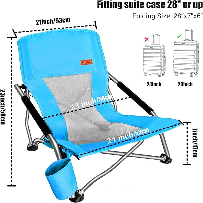 Nice C Low Beach Camping Folding Chair, Ultralight Backpacking Chair with Cup Holder & Carry Bag Compact & Heavy Duty Outdoor, Camping, BBQ, Beach, Travel, Picnic, Festival (Set of 1 Blue)
