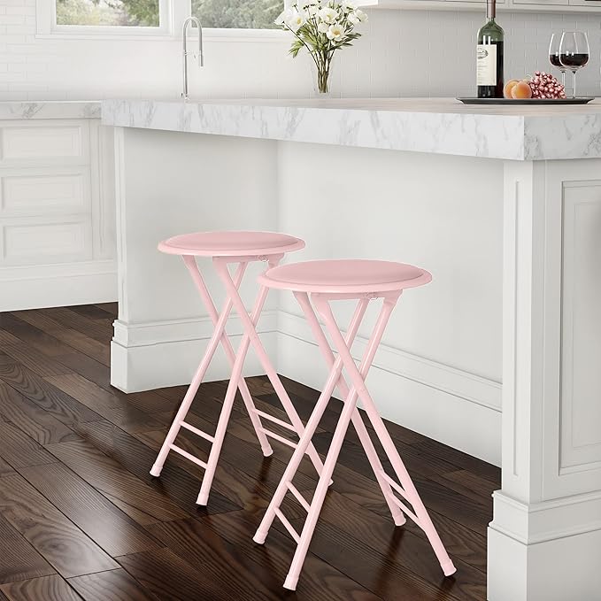 Lavish Home Set of 2 Counter Height Bar Stools – 24-Inch Backless Folding Chairs with 225lb Capacity for Kitchen, Rec Room, or Game Room (Pink)