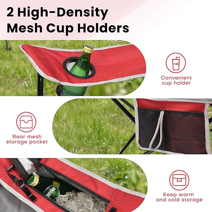 XMT Extra Wide Armrests Portable Folding Chair with Cup Holder Cooler Bag Heavy Duty 600D Oxford Fabric Supports 450lbs Compact Foldable Camping Chair for Outdoor Beach Picnic Sports