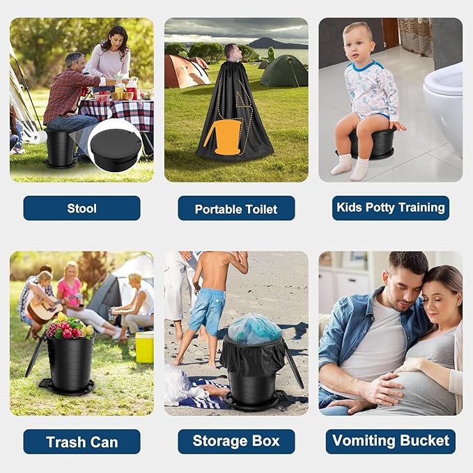 Portable Toilet for Adults with Privacy Shelter, Retractable Porta Potty for Camping with Toilet Paper Holder, Foldable Toilet Adjustable Height for Hiking, Fishing, RV Travel, Road Trips