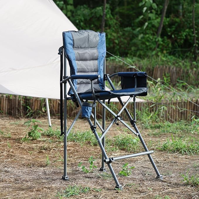 Extra Tall Folding Chairs for Adults 330lbs, Portable Bar Height Foldable Director Chairs for Camping Outside, Comfortable with High Back and Footrest, Blue