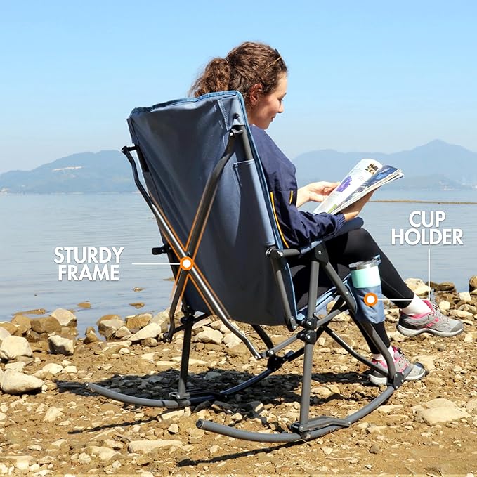 PORTAL Oversized Folding Rocking Camping Chair Portable Outdoor Rocker with High Back Hard Armrests Carry Bag, Supports 400 lbs