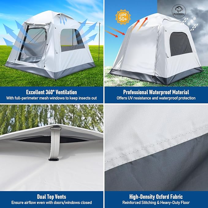 Easy Set up Quick Inflatable Camping Tent with Automatic Pump, 3-4 Person Camping Outdoor Air Blow Up Tents Rainfly & Windproof Portable