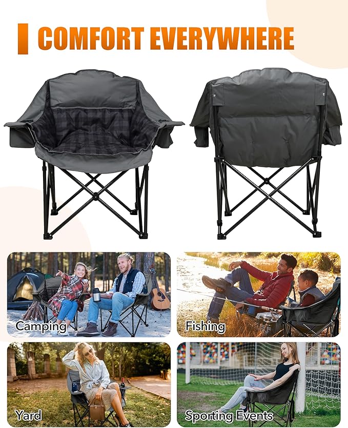 Oversized XL Camping Chair for Adults, Heavy Duty Padded Folding Camp Chairs with Cup Holder, Supports 500lbs, Large Outdoor Widen Comfy Lawn Chairs for Tailgating Sports Beach Yard