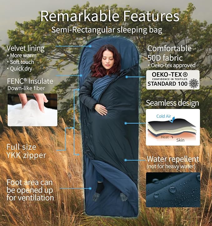 Litume Compact Velvet Lined Sleeping Bag, Lightweight Three Season Sleeping Bag, Water Repelling Sack for Warm and Cold Weather, Comfortable, Backpacking, Hiking, Camping, Traveling