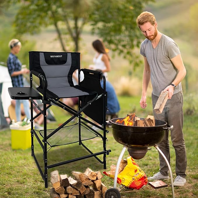 Tall Folding Directors Chair with Side Table 30.71" Seat Height Foldable Camping Chair Bar Stool for Makeup Artist Face Painting with Footrest and Storage Pocket Supports 350LBS