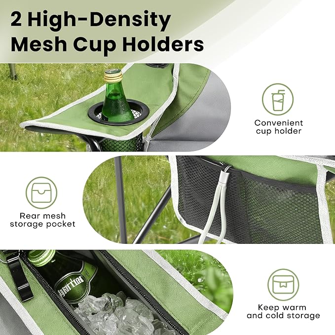 XMT Extra Wide Armrests Portable Folding Chair with Cup Holder Cooler Bag Heavy Duty 600D Oxford Fabric Supports 450lbs Compact Foldable Camping Chair for Outdoor Beach Picnic Sports