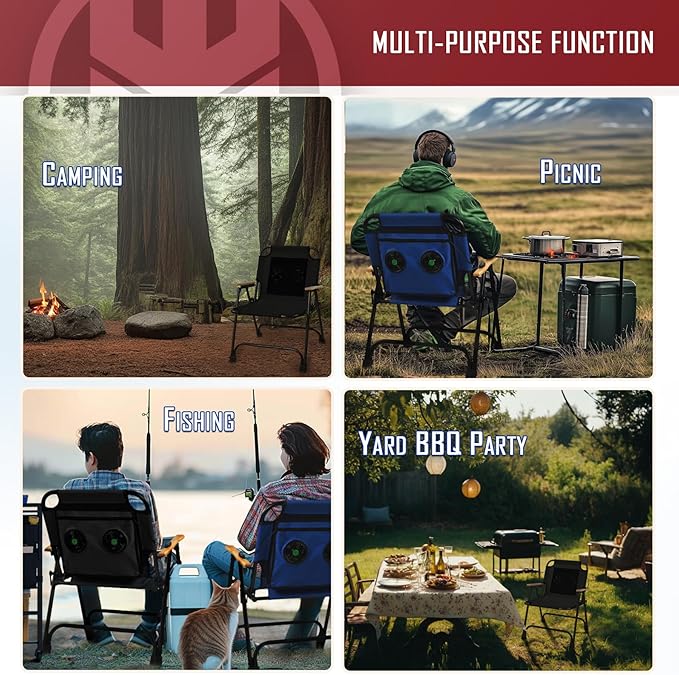 KNINE OUTDOORS Foldable Beach Chair Camping Chair with Fan, with USB-Powered Cooling System, for Camp, Beach, Fishing (Black)