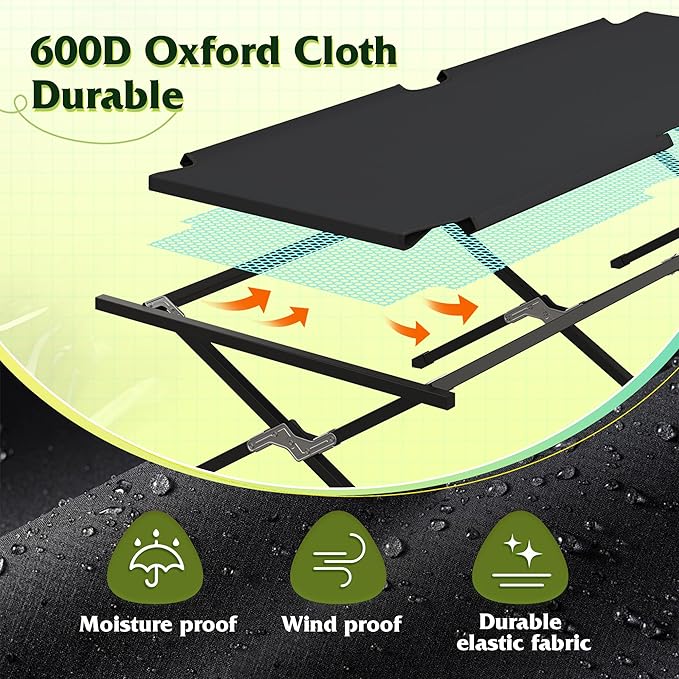 WLIVE Military Camping Cot, Portable Folding Cots for Sleeping with Carry Bag, Outdoor Camping Bed for Adults with Side Pocket, Support 300 Lbs, Black