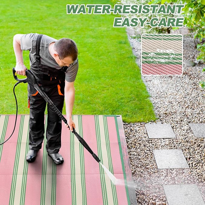 Lahome Striped Outdoor Rug 8x10 Patio Waterproof, Reversible Outdoor Plastic Straw Rug for Camping, RV Patio Rugs Outside Large Carpet for Porch Deck Backyard Picnic(Pink/Green,8'x 10')