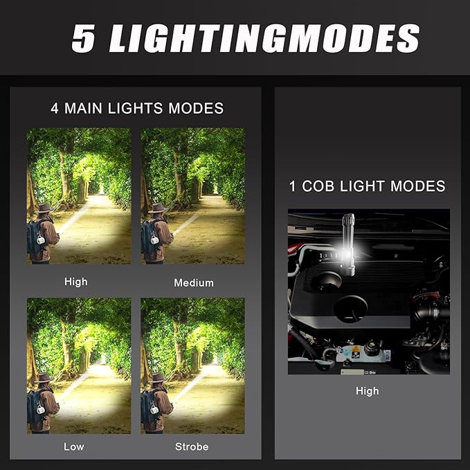 Rechargeable Flashlights High Lumens, 100000 High Lumens, Zoomable USB Rechargeable Flashlight, 5 Modes with COB Work Light,Small Flashlight for Camping, Emergency Flashlight