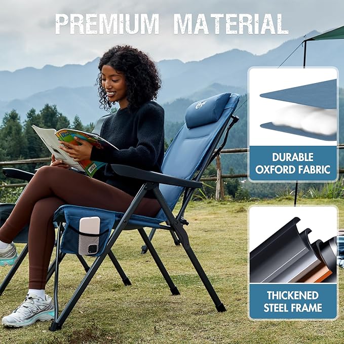 PORTAL Reclining Camping Chair with Adjustable Back Folding Camp Recliner for Adults Portable High Back Oversized, 400LBS (Blue)