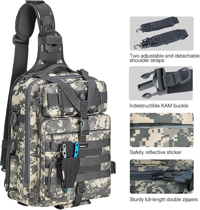 Piscifun Tackle Bag With Rod & Gear Holder - Lightweight Sling Storage Bag, Outdoor Shoulder Pack for Fishing, Hiking, Hunting