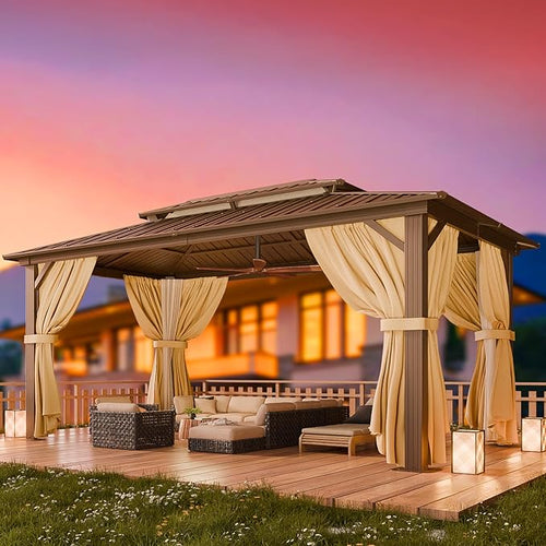 HOTEEL 10x15 Hardtop Gazebo on Clearance with Heavy Duty Galvanized Steel Double Metal roof,Aluminum Frame,Patio Gazebo with Curtains and Netting,Outdoor Permanent Gazebo Pavillon for Backyard,Bronw