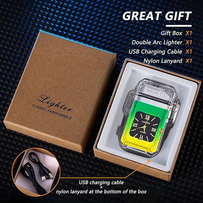 SKRFIRE Outdoor Windproof Flameless Lighter Rechargeable Plasma Double Arc Lighter Fashion Cute Mini Electric Lighter for Boyfriend, Friends and Family (Green and Yellow Gradient)