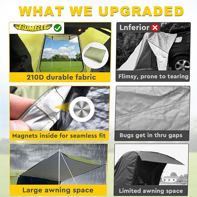 BUMBEE SUV Tailgate Tent Car Roof Canopy and Poles with Awning Shade, Outdoor Hatchback Rear Shelter, Roof Canopy, Waterproof Bug Protection, Fits for MPVs CUVs Van, Green