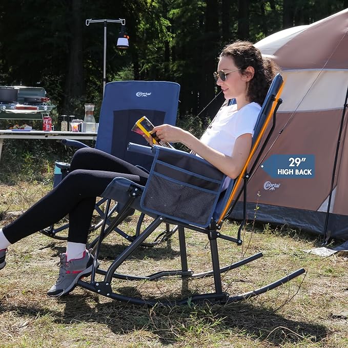 PORTAL Oversized Folding Rocking Camping Chair Portable Outdoor Rocker with High Back Hard Armrests Carry Bag, Supports 400 lbs