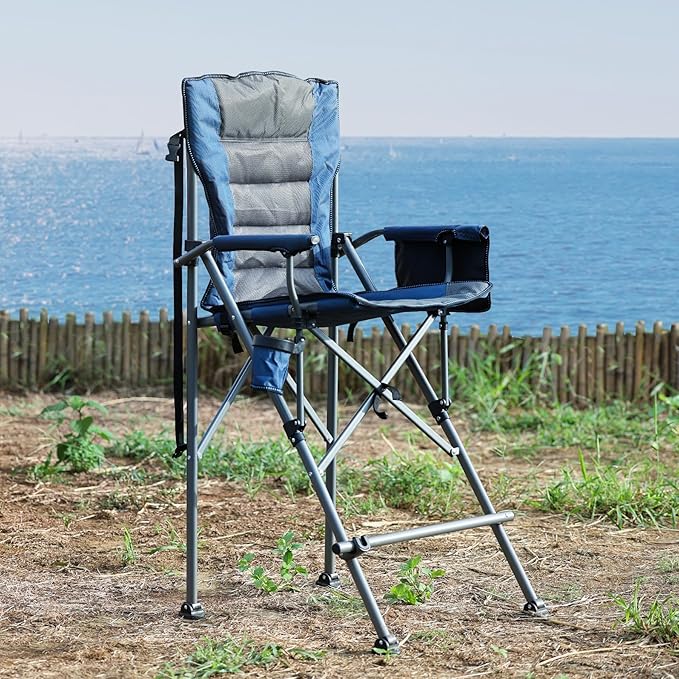 Extra Tall Folding Chairs for Adults 330lbs, Portable Bar Height Foldable Director Chairs for Camping Outside, Comfortable with High Back and Footrest, Blue