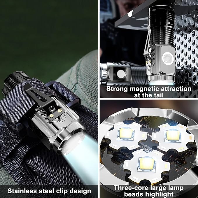 Mini Rechargeable Flashlight with Clip, Pocket LED Small Super Bright Flash Light with USB C Charging, EDC Magnetic Lightweight Tactical 5 Modes Lamp for Camping,Hiking,Emergency