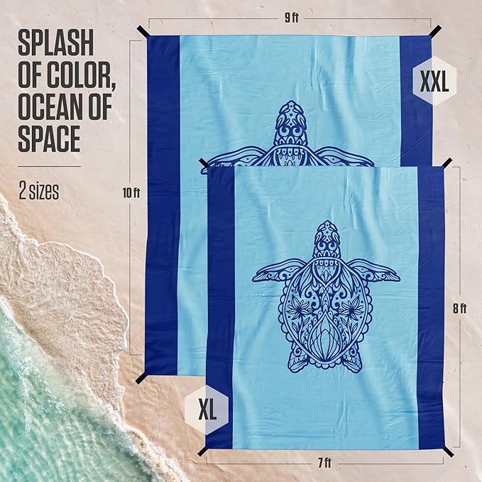 VENTURE 4TH Family-Size Beach Blanket: Sandproof, Waterproof, Lightweight & Compact. Includes Stakes and Carry Bag. 9x10 feet XXL Mandala Turtle