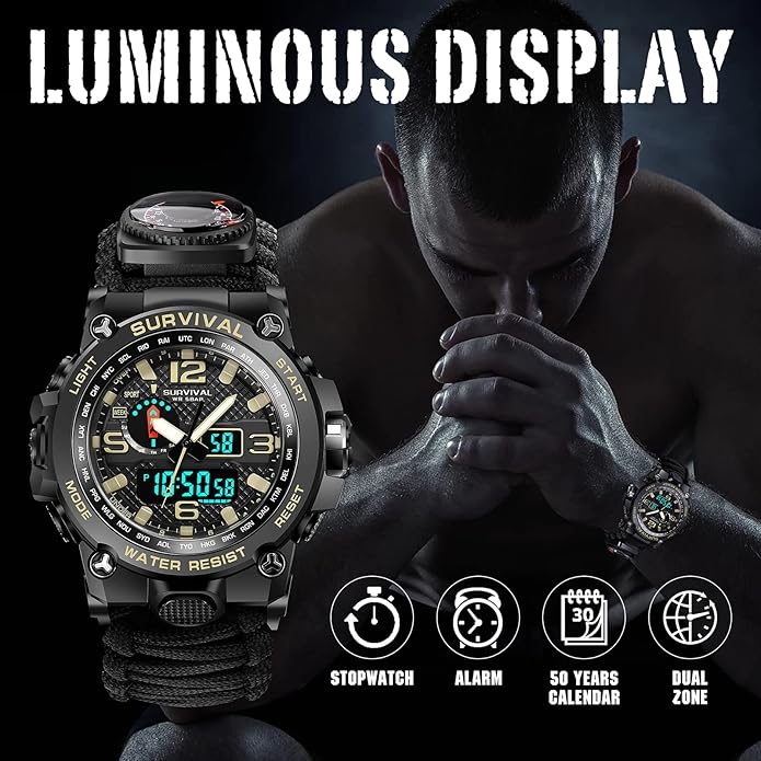 23-in-1 Military Tactical Watch for Men, Multifunctional Outdoors Waterproof Survival Watches with Compass Whistle Fire Starter and Thermometer, Paracord Watch Bracelets with Outdoor Army Gear…