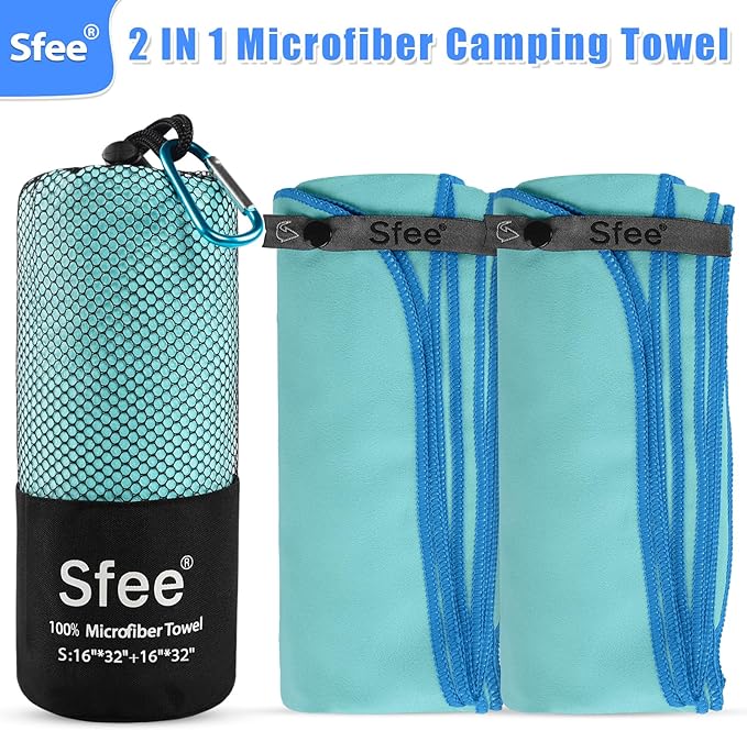 Sfee 2 Pack Microfiber Travel Towel, Quick Dry Towel Camping Towel Beach Towel Super Absorbent Compact Lightweight Sports Towel Gym Towel Set for Beach, Gym, Hiking, Pool, Backpacking, Bath, Yoga