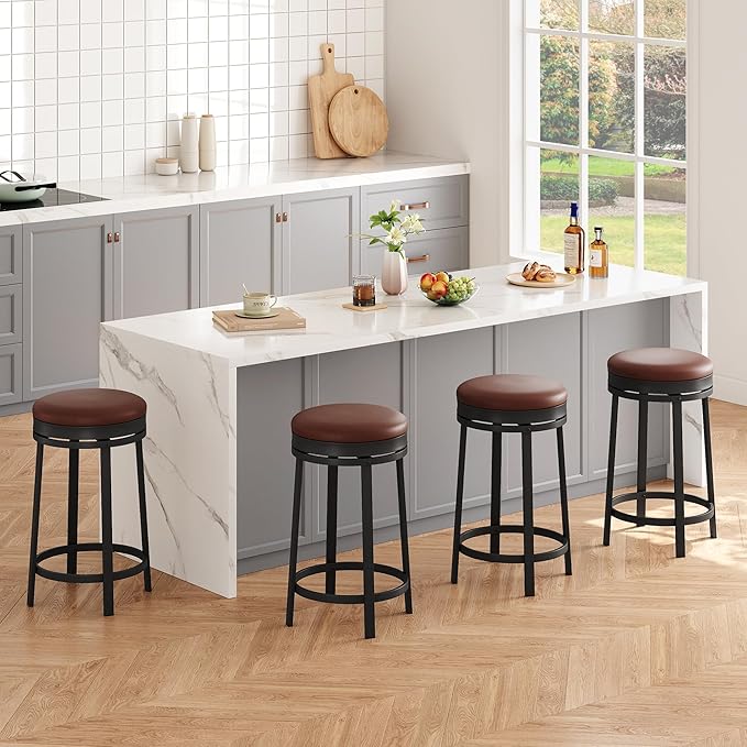 IDEALHOUSE 24'' Swivel Bar Stools Set of 4 with Footrest, Modern Counter Height Barstools with PU Leather Upholstered and Metal Frame, Backless Round Bar Stools for Kitchen Island, Brown
