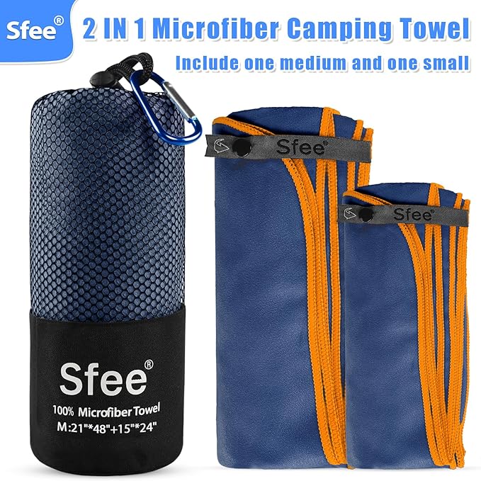 Sfee 2 Pack Microfiber Travel Towel, Quick Dry Towel Camping Towel Super Absorbent Compact Lightweight Sports Towel Swim Towel Gym Towel Beach Towel Set for Gym, Hiking, Pool, Backpacking, Bath, Yoga