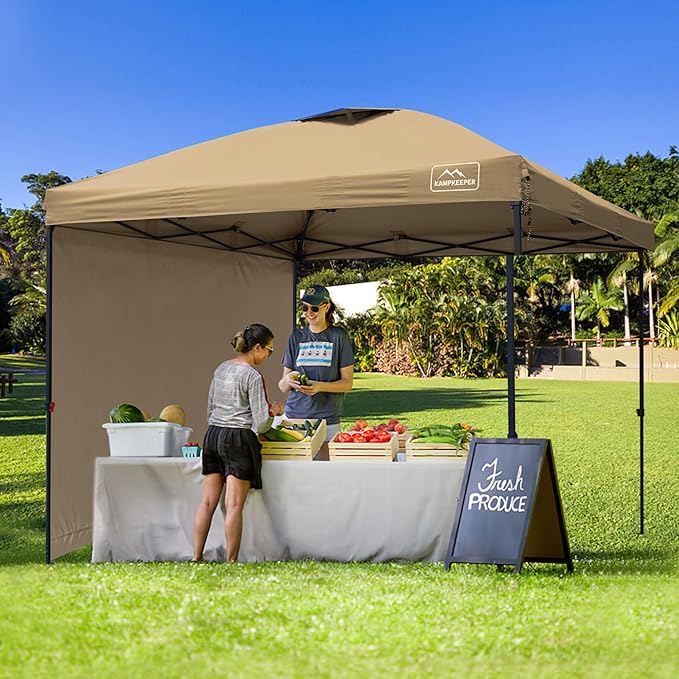 KAMPKEEPER 10x10 Pop Up Canopy Tent with 2 Sidewalls - Waterproof Outdoor Shelter for Sun Shade, Camping, Beach, Patio and Backyard Events, Khaki