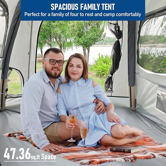 Easy Set up Quick Inflatable Camping Tent with Automatic Pump, 3-4 Person Camping Outdoor Air Blow Up Tents Rainfly & Windproof Portable