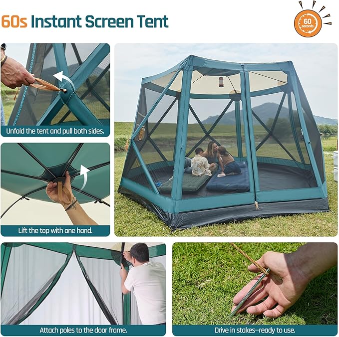 Instant Tents for Camping Pop Up Screen Tent with Floor, 6 Person Large Family Camping Tent with Rainfly and Porch, Easy 60S Setup Hub Tent for Outdoor Picnic Backyard, 11.5x10x6.83FT