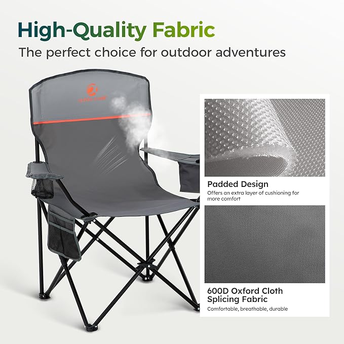 ALPHA CAMP Folding Camping Chairs for Adults Lawn Chairs Outdoor Chairs Support 250 LBS Portable Camp Chairs with Cup Holders Cooler Pouch for Outdoor, 2 Pack (Gray)
