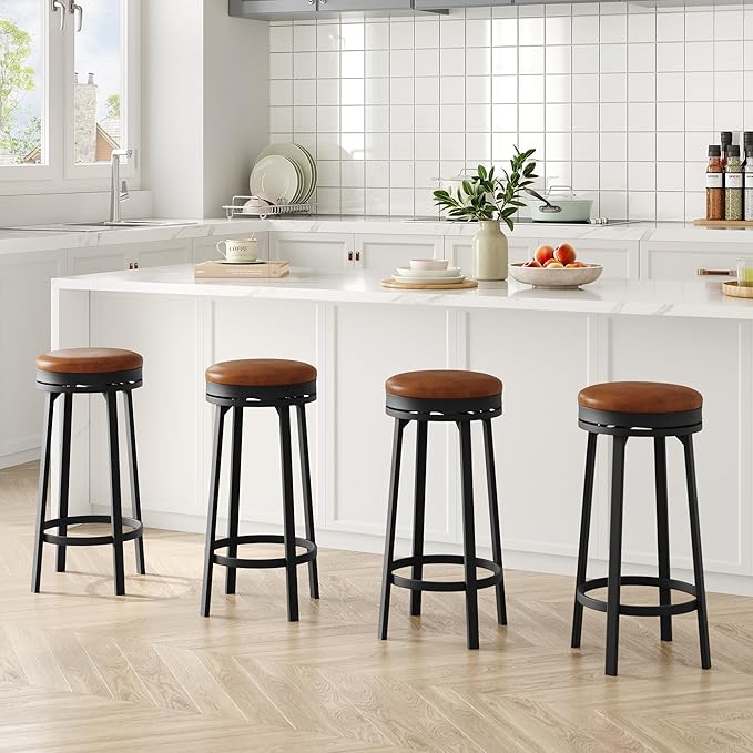 IDEALHOUSE 30'' Swivel Bar Stools Set of 4 with Footrest, Modern Counter Height Barstools with PU Leather Upholstered and Metal Frame, Backless Round Bar Stools for Kitchen Island, Brown