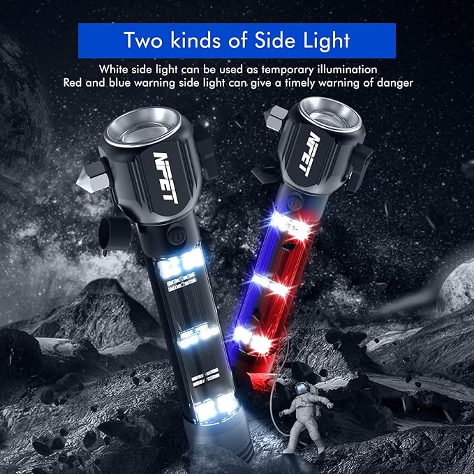NPET T10-5 Solar Flashlight Car Flashlight Zoomable 1000 Lumens LED COB Light USB Rechargeable Tactical Multi-Function Torch Emergency Tool with Window Breaker Seat Belt Cutter Compass Siren