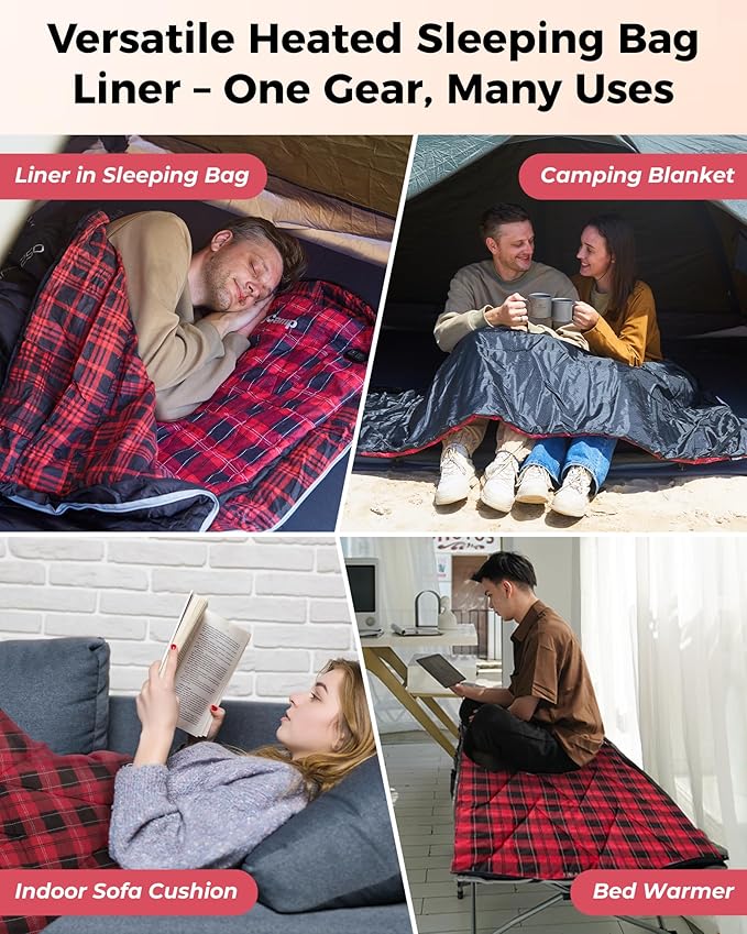 KingCamp 6 Heating Zones Sleeping Bag Liner, 3s Heat-up Portable XL Heated Sleeping Bag Pad for Cold Weather Camping, Hiking, 100% Cotton Flannel, Multi USB Power Supported, Compact Bag Included