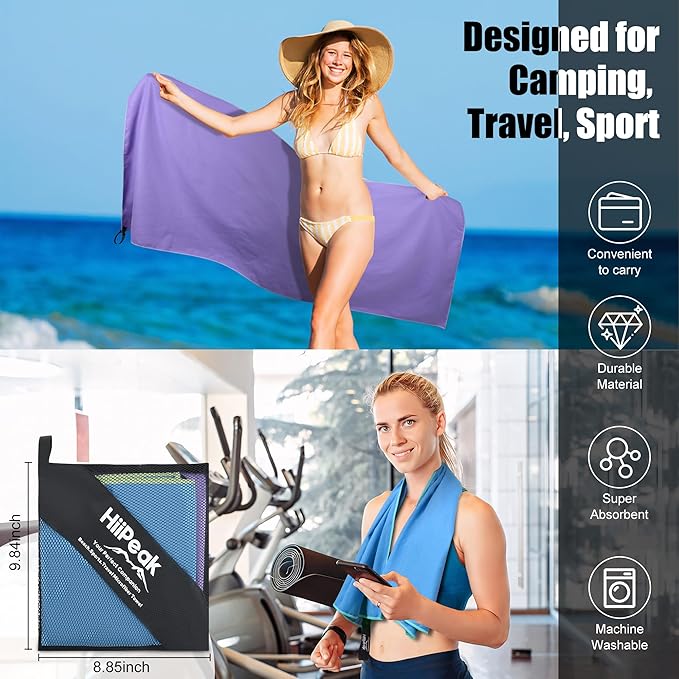 HiiPeak Microfiber Towel, 2 Pack Quick Dry Towel Travel Camping Towel Super Absorbent & Lightweight for Camping, Beach, Sports, Gym, Backpacking, Hiking and Yoga LightBlue & Violet, 63*32" + 32*16"