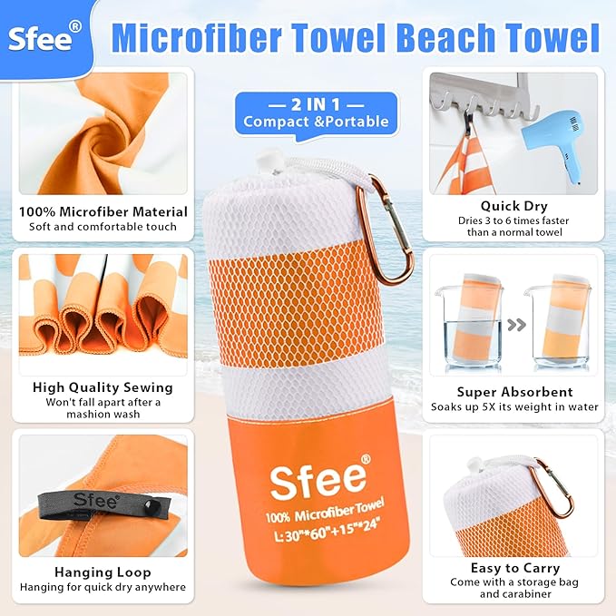 Sfee 2 in 1 Microfiber Beach Towel, Quick Dry Towel Camping Towel Travel Towel Super Absorbent Compact Lightweight Sports Towel Gym Towel Set for Beach, Gym, Hiking, Pool, Backpacking, Bath, Yoga