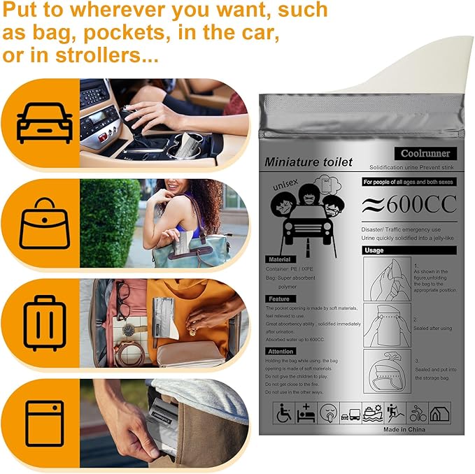 Coolrunner Disposable Urine Bags,8/12/20/24 Pack Camping Pee Bags, Disposable Urinals Vomit Bags for Travel Urinal Toilet Traffic Jam Emergency Portable Toilet Bee Bag for Men Women Kids Patient