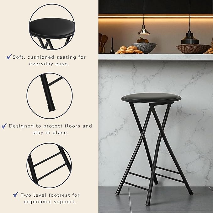 Folding Stool - Backless 24-Inch Stool with 225lb Capacity for Kitchen or Rec Room - Portable Indoor Counter Bar Stools by Lavish Home (Black)