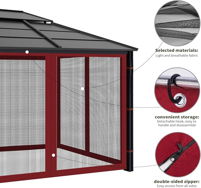 Gazebo Replacement Mosquito Netting Outdoor Universal Gazebo Canopy 4-Panels Screen Sidewalls with Zipper for Patio Garden (Red, 10x12)