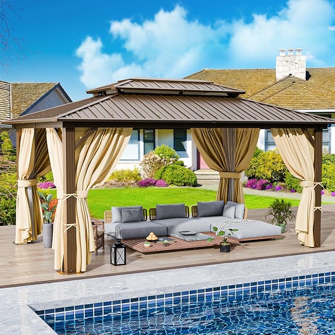 HOTEEL 10x12 Hardtop Gazebo on Clearance with Heavy Duty Galvanized Steel Double Metal roof,Aluminum Frame,Patio Gazebo with Curtains and Netting,Outdoor Permanent Pavillon for Backyard,Bronw