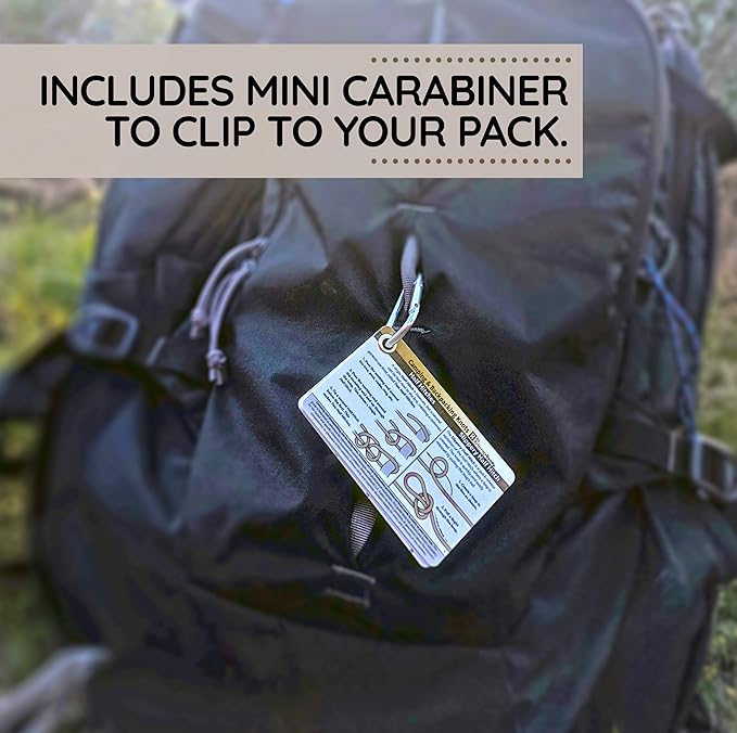 Outdoor Knots - Waterproof Knot Tying Cards with Mini Carabiner - Includes 22 Rope Knots for Camping, Backpacking, & Scouting Scenarios